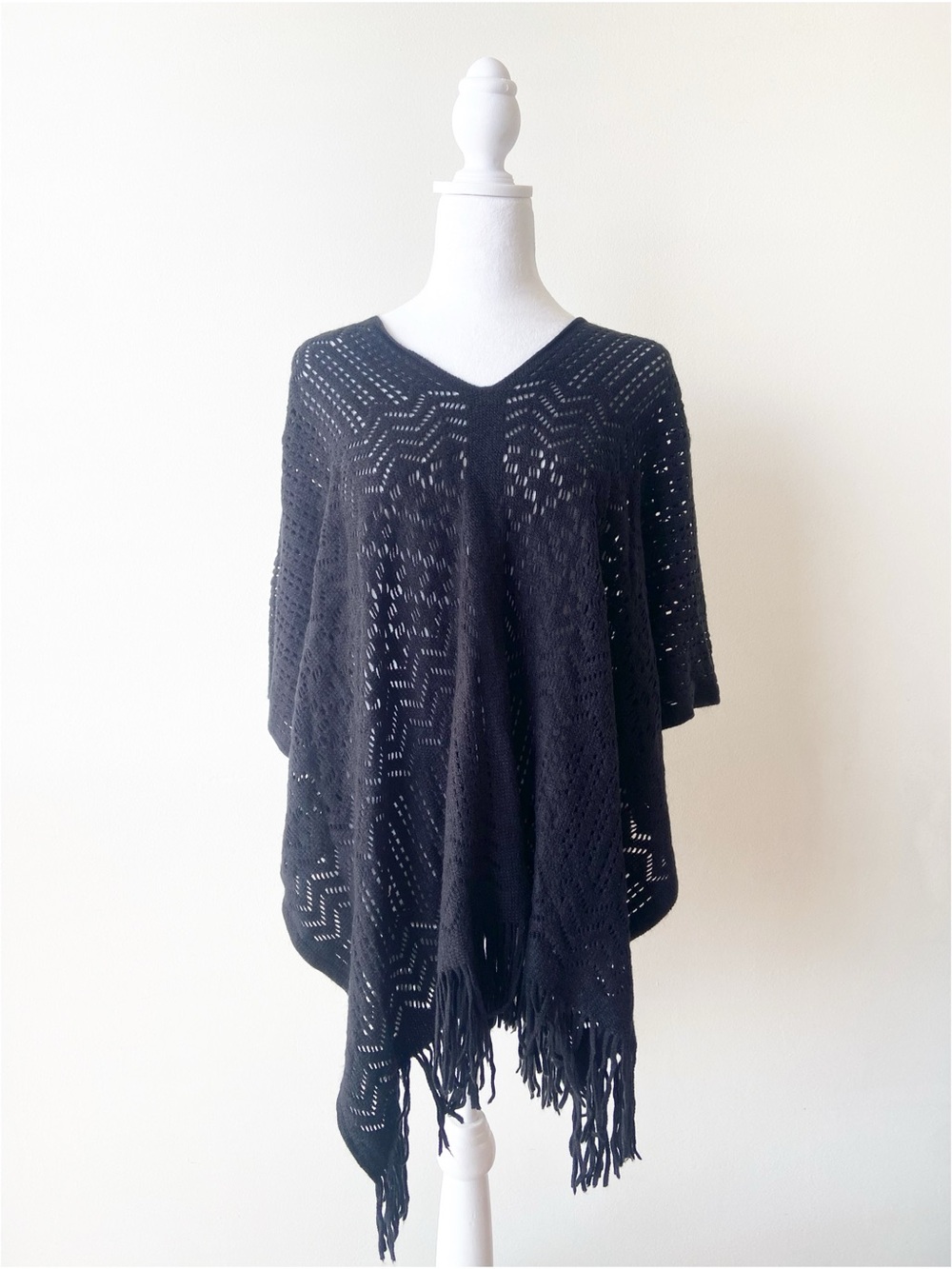 Black Open-Knit Fringe Sweater Poncho - OS
